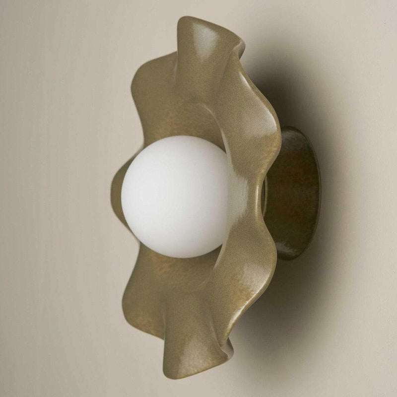 Robert Gordon Pearl Wall sconce ceramic olive green light fixture with white globe bulb