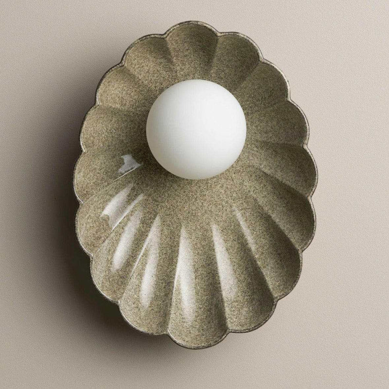 Robert Gordon Oyster Ceramic Sconce Light in Rivergum with scalloped ceramic design and included halogen globe