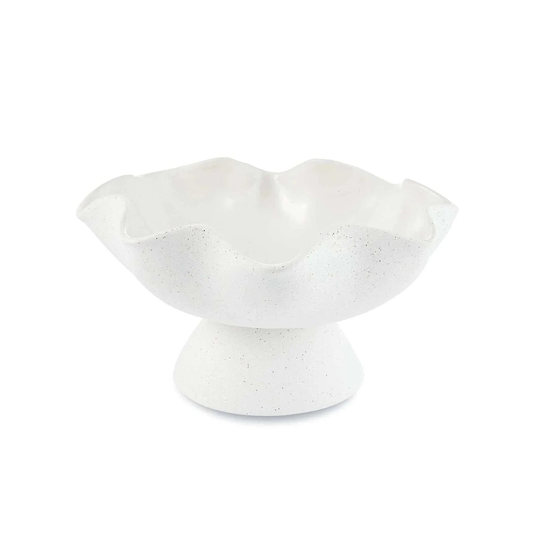 Ripple White Pedestal Bowl with glossy interior and textured exterior for fruit or decor display