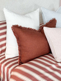 Mulberry Threads Cinnamon Stripe bamboo sheet set with warm cinnamon and shell stripes, ultra-soft, breathable, and sustainable organic fabric