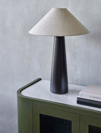 GlobeWest Lorne Canopy Table Lamp - Matt Black/Oatmeal, styled in a room setting