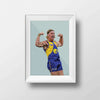 Framed DG Designs Dom Gauci kids art print of Harley Reid West Coast Eagles AFL player in blue and yellow uniform on sage green background