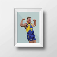 Framed DG Designs Dom Gauci kids art print of Harley Reid West Coast Eagles AFL player in blue and yellow uniform on sage green background