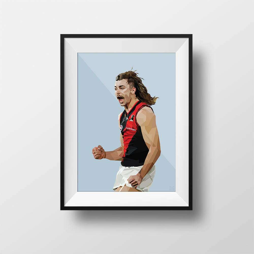Framed DG Designs Dom Gauci kids art print of Sam Draper AFL football player in Essendon Football Club uniform on powder blue background