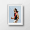 DG Designs Dom Gauci kids art print of Sam Draper AFL football player in Essendon Football Club uniform with powder blue background in white frame