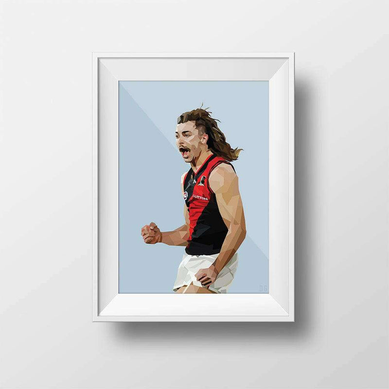 DG Designs Dom Gauci kids art print of Sam Draper AFL football player in Essendon Football Club uniform with powder blue background in white frame