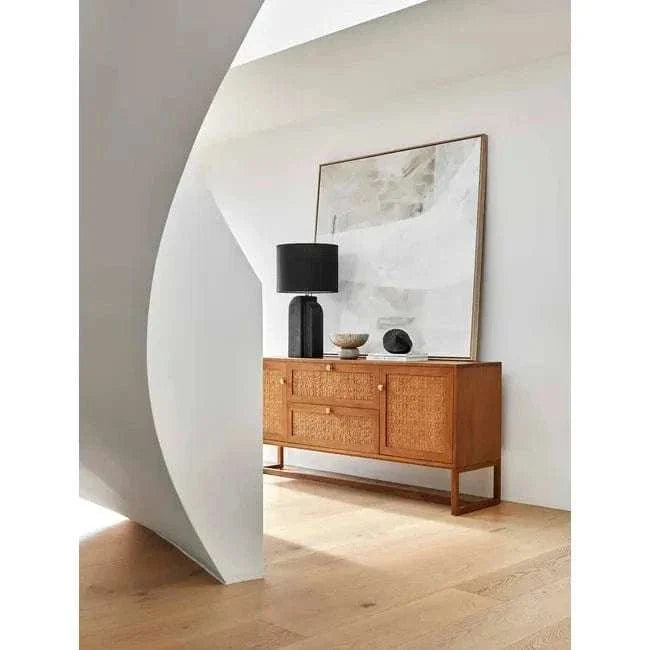 Hand-painted Sand Collection Wall Art in Dune with warm red and rust tones on Indian cotton canvas framed in natural Victorian Ash timber, displayed in a modern interior.