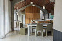 GlobeWest Frankie Dining Table - Fossil, styled in a room setting