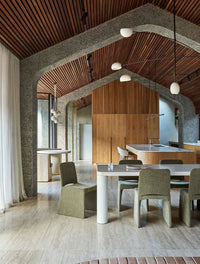 GlobeWest Frankie Dining Table - Fossil, styled in a room setting