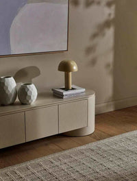 GlobeWest Pluto porcelain entertainment unit with rounded edges and four doors in minimalist modern design