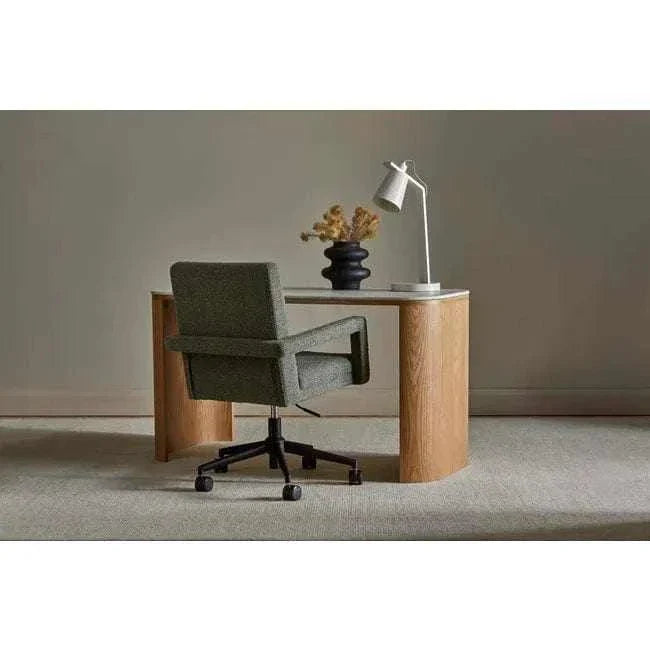 Easton Axel Desk Lamp in matt ivory with adjustable arm on wooden desk in minimalist office setting