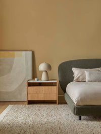 GlobeWest Elsie Two Drawer Bedside - White Marble - Natural Ash, styled in a room setting