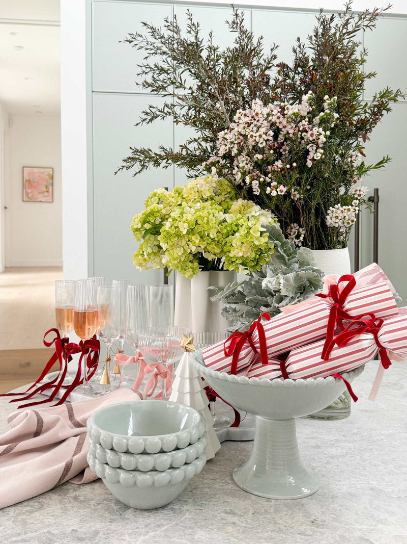 Eden Large Bowl Set ceramic pale blue bowls with beaded rims on kitchen table with festive decor and gifts