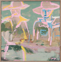 Abstract pastel-colored canvas print of two stockmen wearing hats by Marcia Priestley in a floating oak frame