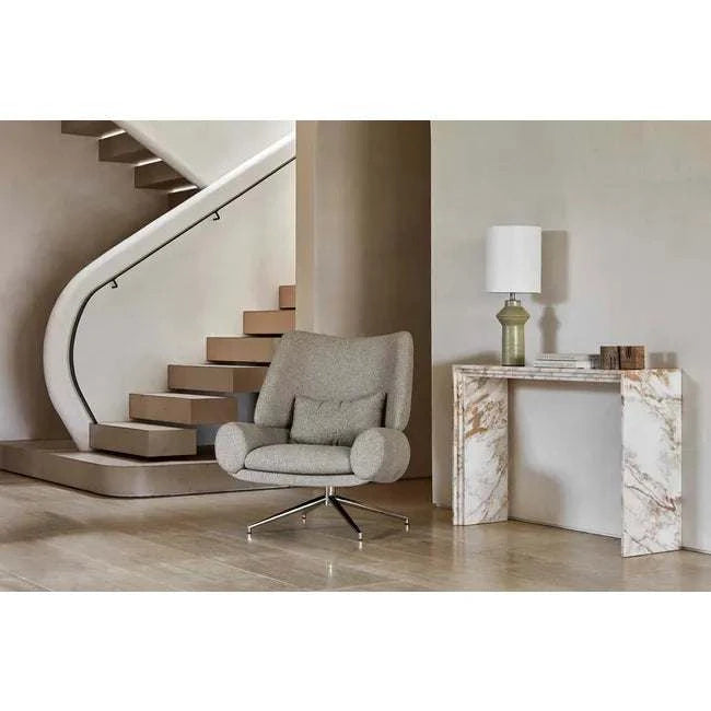 GlobeWest Rowan Occasional Chair in fawn speckle fabric with brushed chrome swivel base