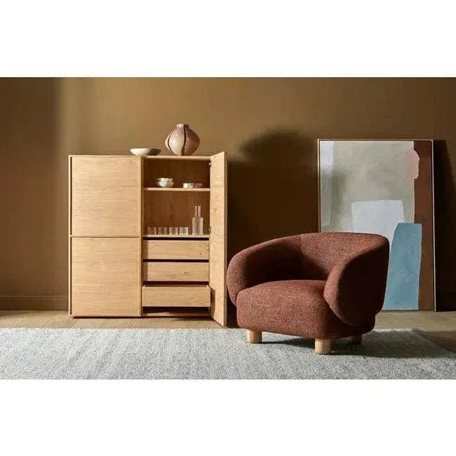 GlobeWest Flo Occasional Chair in Nimbus fabric with natural ash wooden legs in modern living room setting