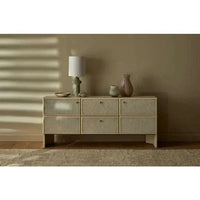 GlobeWest Lorne Post Table Lamp with light grey ceramic base and ivory fabric shade on wooden sideboard in neutral room
