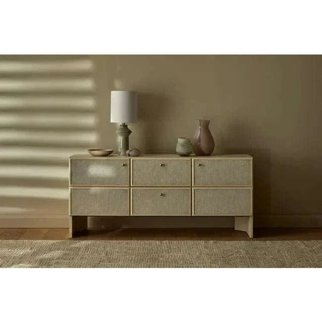 GlobeWest Lorne Post Table Lamp with light grey ceramic base and ivory fabric shade on wooden sideboard in neutral room