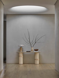 GlobeWest Easton Ellipse Table Lamp - Toffee/Tuscan Marble, styled in a room setting