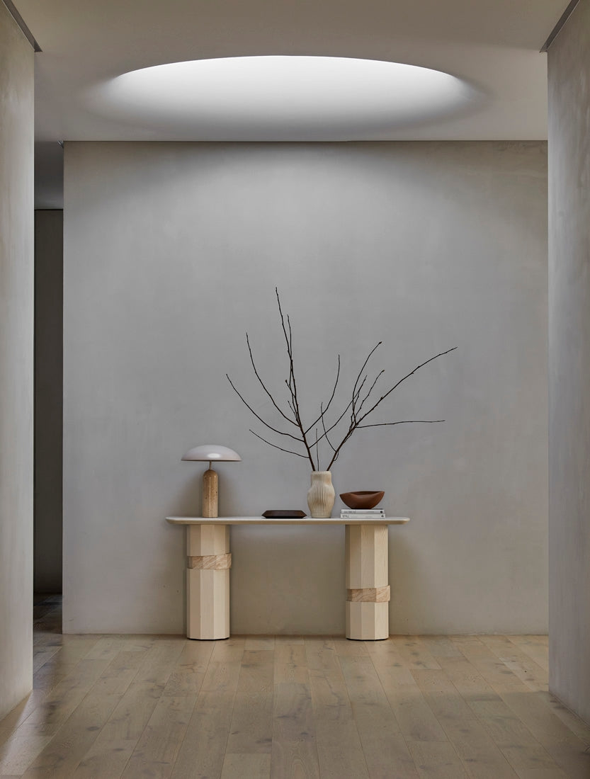 GlobeWest Easton Ellipse Table Lamp - Toffee/Tuscan Marble, styled in a room setting