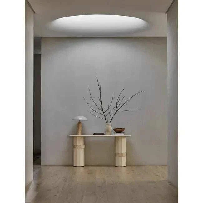 Easton Ellipse Table Lamp with olive green metal shade and travertine marble base on minimalist console table in modern neutral room