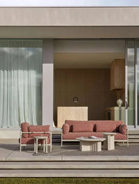 Cape Sofa Chair in Tuscan Brick fabric with sandcastle aluminum frame, outdoor quick-dry design with boucle stripe detailing