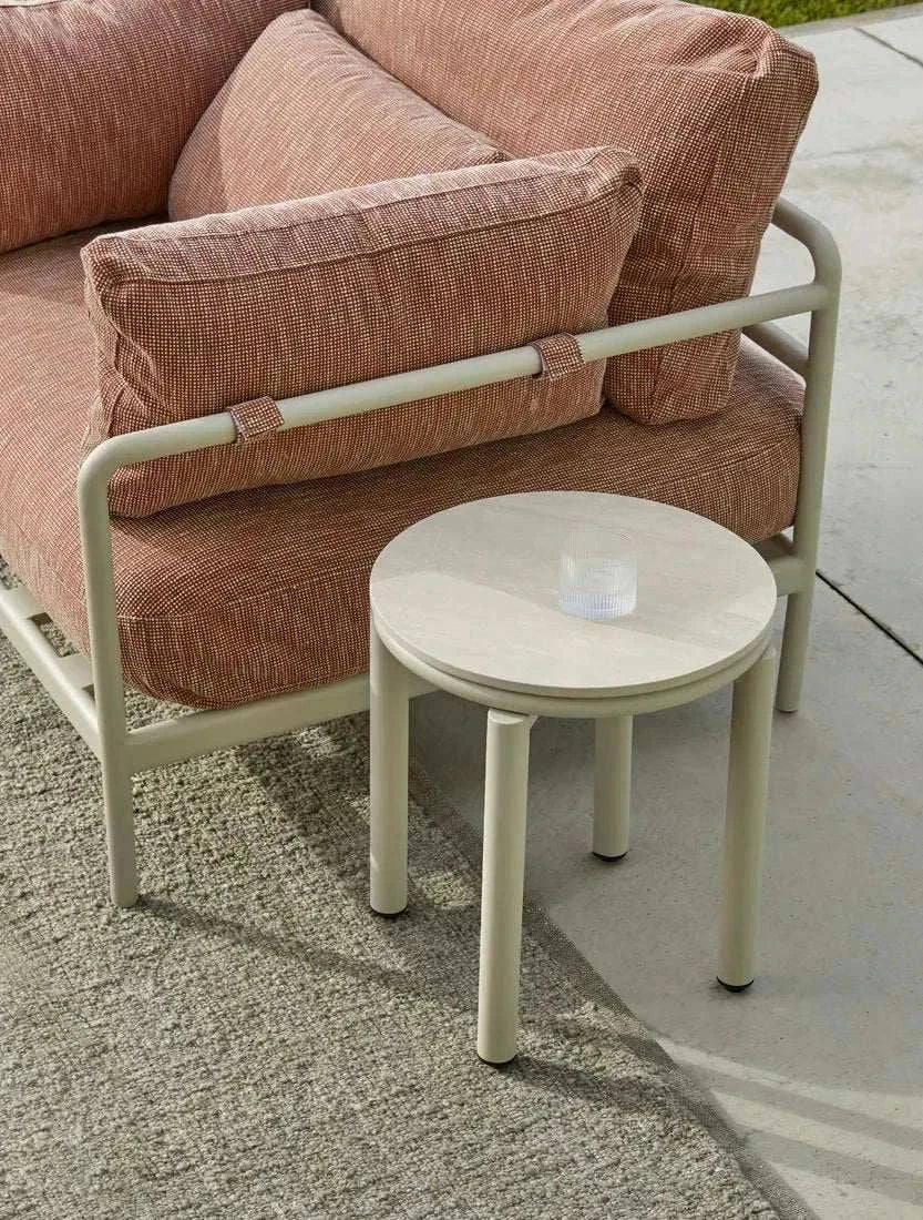 Cape Sofa Chair in Tuscan Brick fabric with sandcastle aluminum frame, outdoor-ready design with quick-dry cushions and boucle stripe detailing