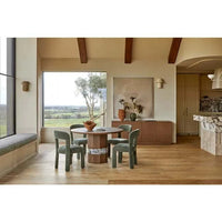 Modern dining room with flaxen Forme Hyacinth Vase on wooden sideboard, minimalist decor, and large window view