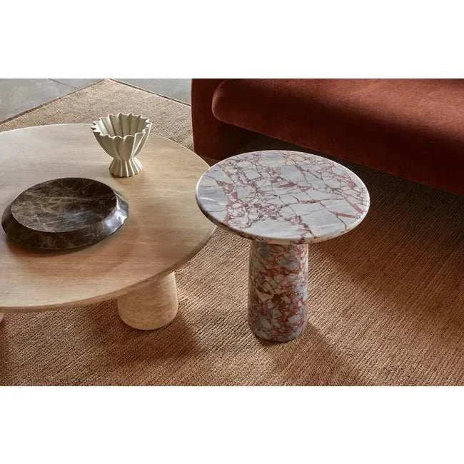 Puddle Side Table in russet dapple marble with organic contours, indoor/outdoor use, full bullnose top profile