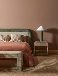 GlobeWest Bower Nora Latte rug styled in a bedroom