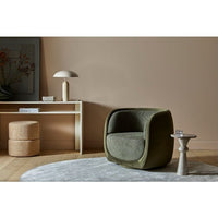 GlobeWest Easton Ellipse Table Lamp - Travertine/Burgundy, styled in a room setting