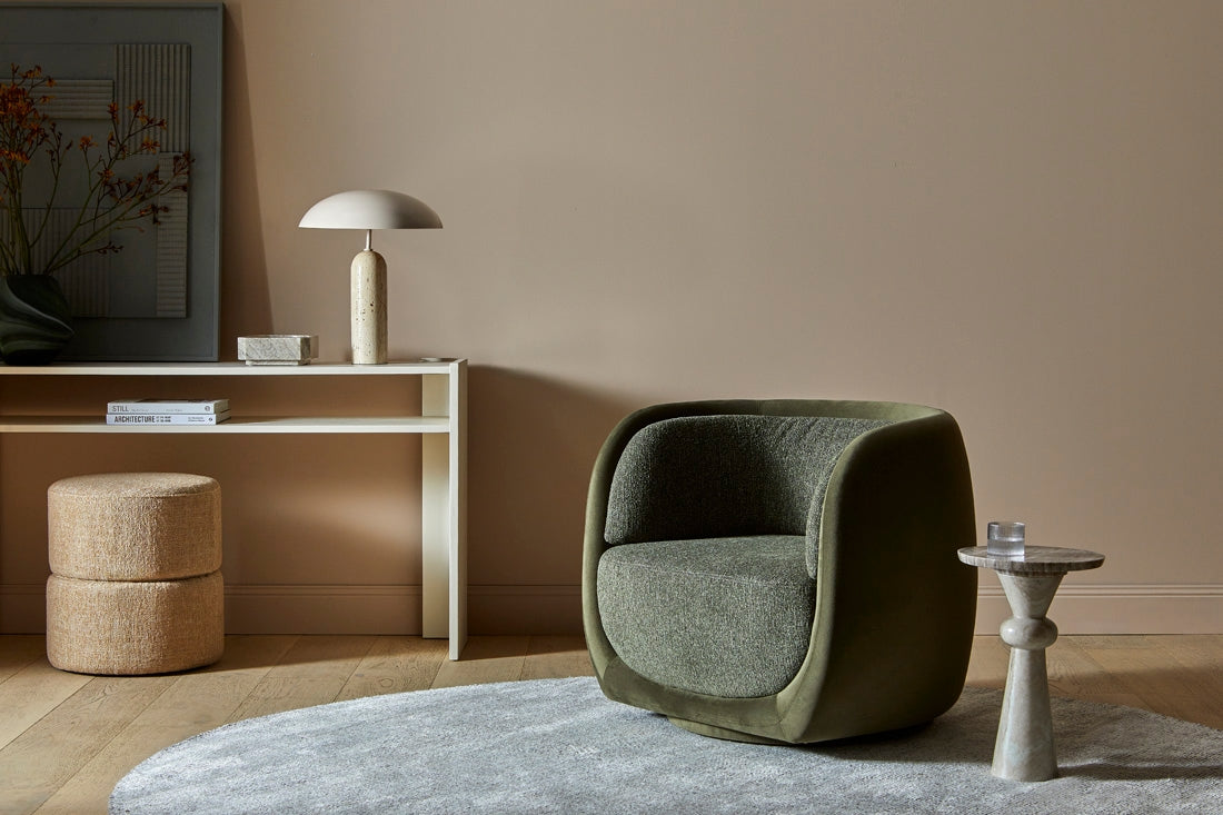 GlobeWest Easton Ellipse Table Lamp - Olive Green/Travertine, styled in a room setting