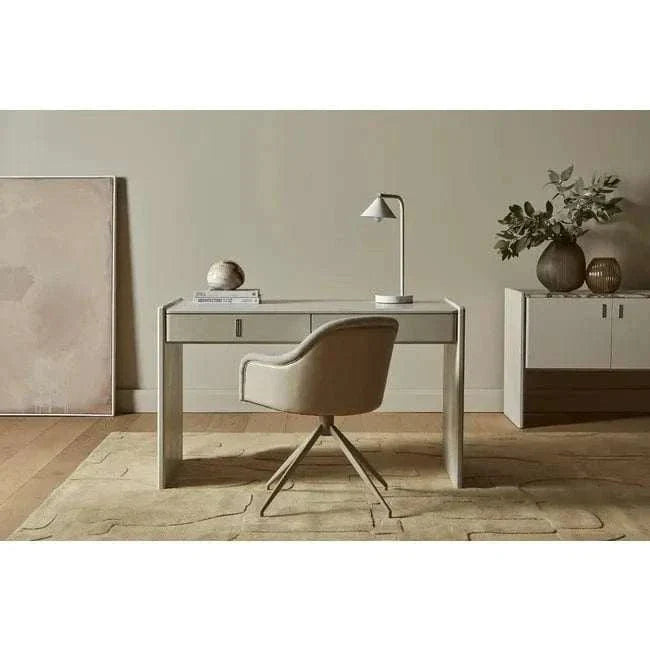 GlobeWest Easton Horizon Desk Lamp with travertine marble base and taupe metal shade on modern desk in neutral home office setting