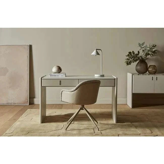 Globe West Riley Piped Spider Leg Office Chair in Feather Speckle fabric with sandstone PU, 360° swivel, and matt cashmere spider-leg base in a modern home office setting