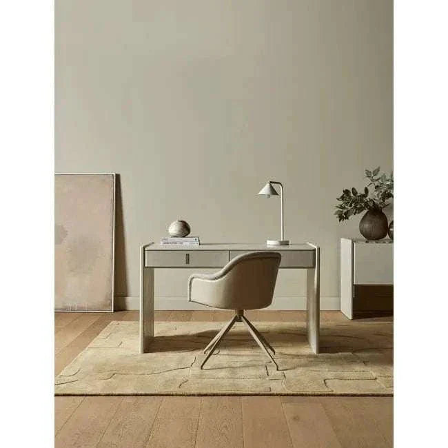 Minimalist GlobeWest Easton Horizon Desk Lamp with white marble base and white metal shade on modern office desk