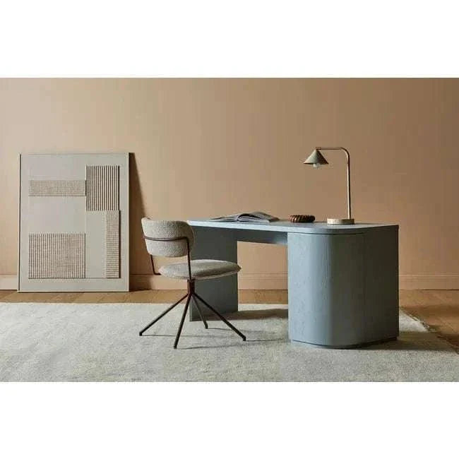 GlobeWest Easton Horizon Desk Lamp with white marble base and white metal shade on a modern desk in a minimalist workspace