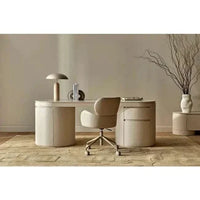 Easton Ellipse Table Lamp with olive green metal shade and travertine marble matt base on desk in modern office setting