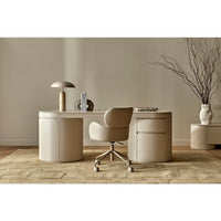 GlobeWest Easton Ellipse Table Lamp - Travertine/Shell, styled in a room setting