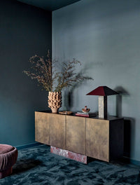 GlobeWest Easton Quinn Table Lamp - Mocha Travertine - Brick, styled in a room setting
