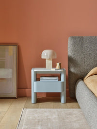 GlobeWest Sedona Block Table Lamp - Oat Marble - Nude Glass, styled in a room setting