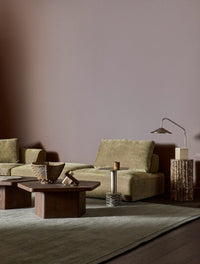 GlobeWest Rufus Ribbs Low Plinth - Emperador, styled in a room setting