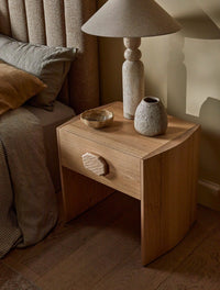 GlobeWest Easton Stack Table Lamp - Travertine - Linen, styled in a room setting