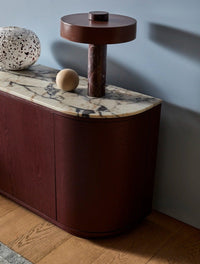 GlobeWest Elio Revolve Table Lamp - Maroon Marble - Burgundy, styled in a room setting