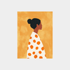 Minimalist digital print of a woman in profile wrapped in a white cloth with orange polka dots on an orange textured background