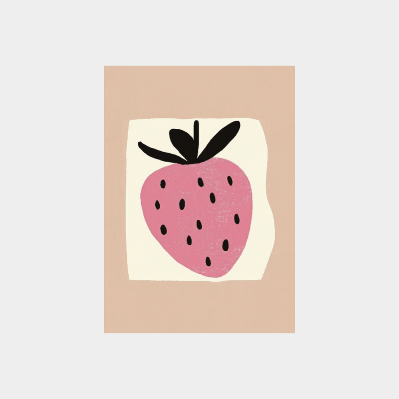 stylized strawberry digital download art print with beige background and black seeds