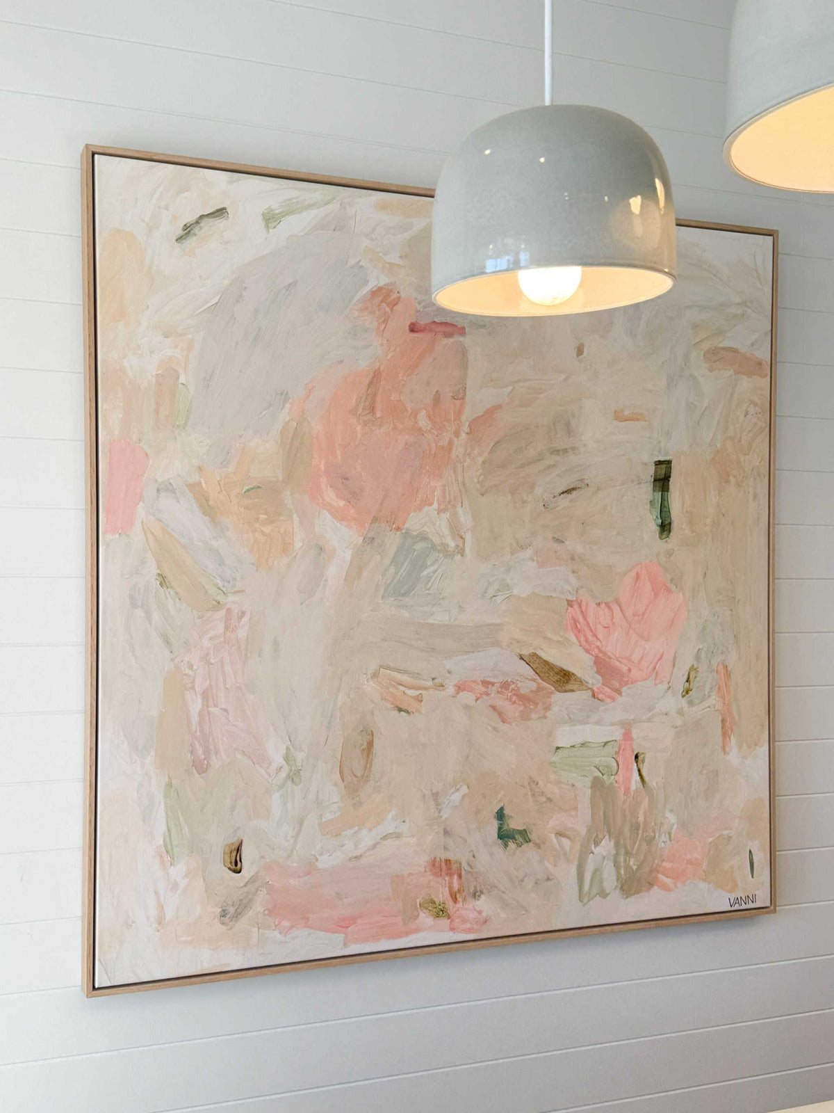 Vanni Limited Edition fine art canvas print Gentle Unfolding abstract painting with soft pastel tones in oak floating frame