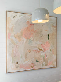 Vanni Limited Edition fine art canvas print Gentle Unfolding abstract painting with soft pastel tones in oak floating frame