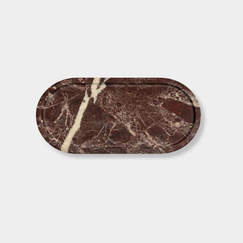 Duality Collection Oval Tray in Rosso Levanto marble with burgundy and plum veining, elegant and polished finish.