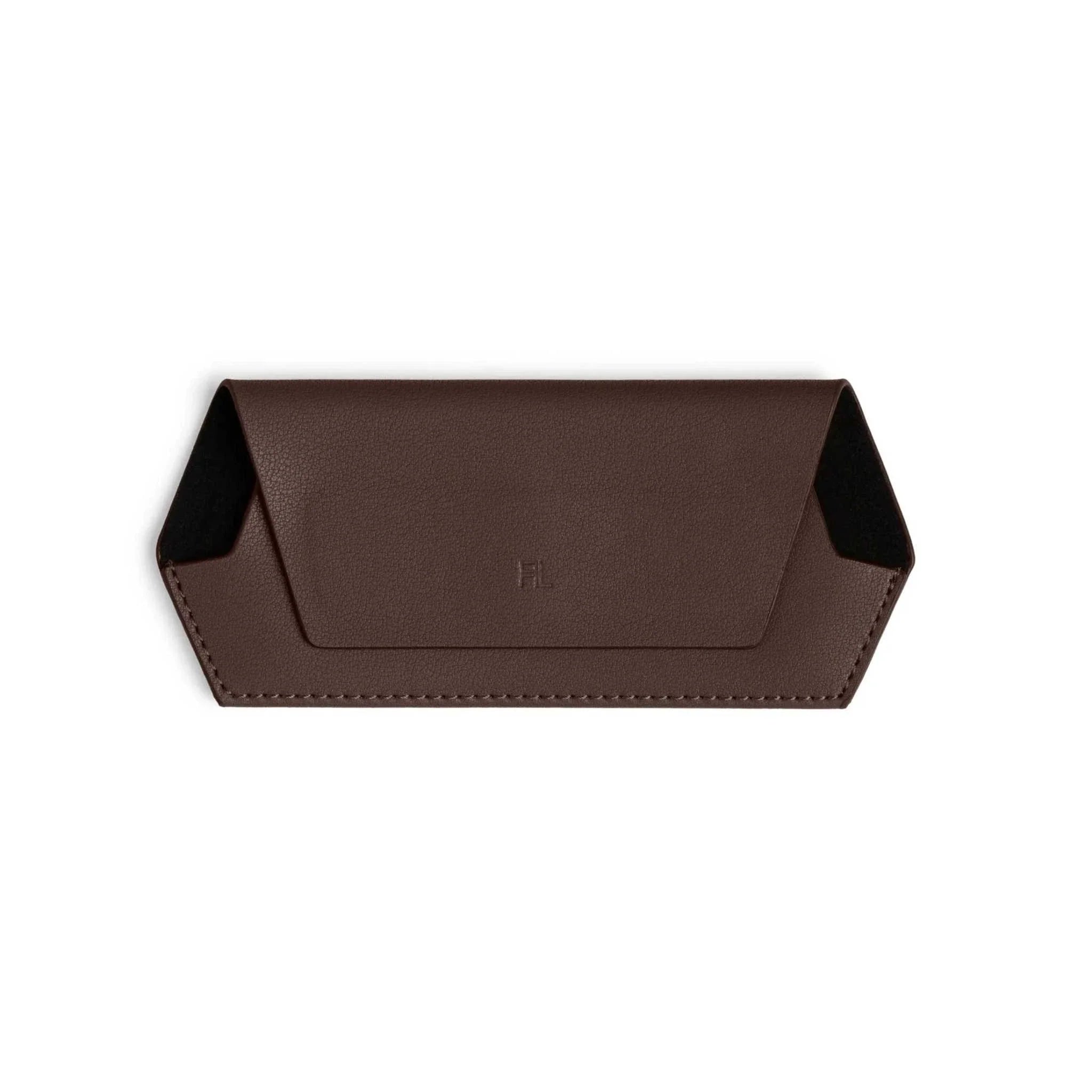 Fox and Leo glasses case in chocolate brown leather with slim, curved design and magnetic closure