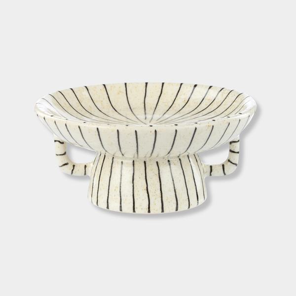 Academy Sabi Stripe small white and black stoneware decor dish with handles and footed base